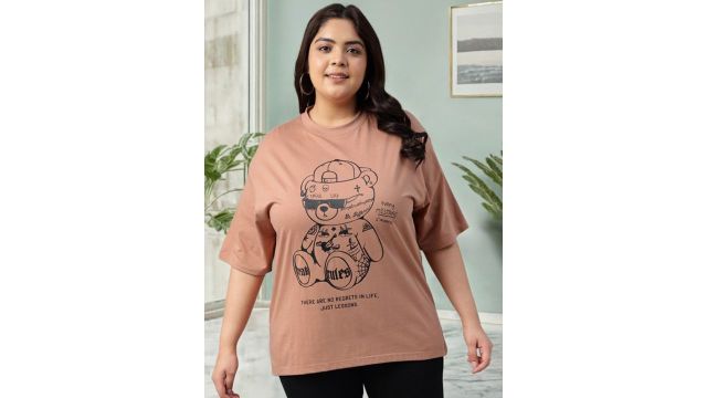 JUNEBERRY Women Graphic Printed Round Neck Relaxed Fit Oversized Plus Size T-shirt