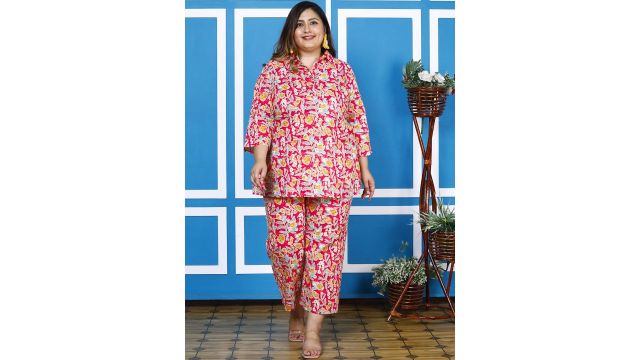 KALINI Plus Size Floral Printed Pure Cotton Tunic With Trousers