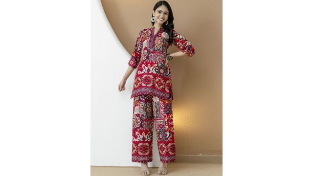 KALINI Printed Mandarin Collar Neck Tunic With Palazzo Co-Ords