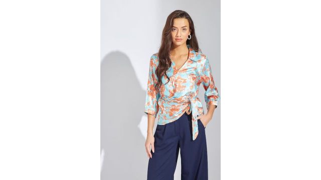 LATIN QUARTERS Brown Printed Casual Three-Quarter Sleeves Shirt Collar Women Regular Fit Top