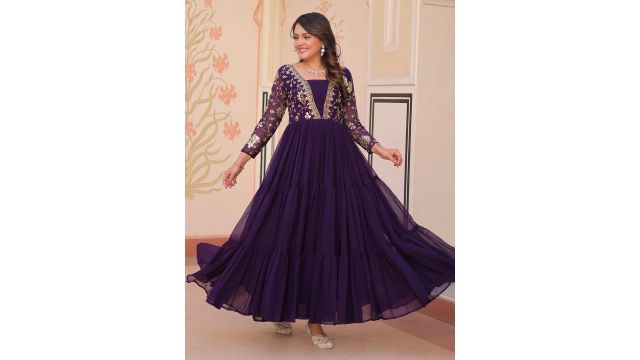 LAZZLY Floral Embroidered Sequinned Georgette Fit & Flare Maxi Ethnic Dress