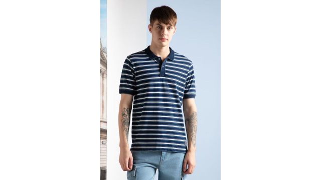 LEE COOPER Navy Striped Casual Half Sleeves Polo Collar Men Regular Fit T-Shirt