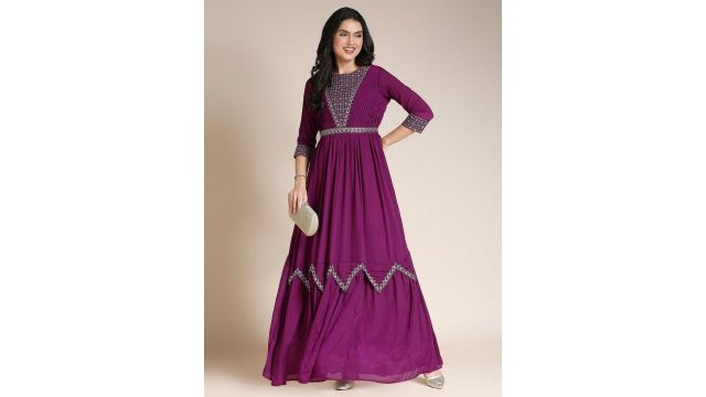 MADHURAM Ethnic Motif Embroidered Pleated Georgette Gown Ethnic Dress