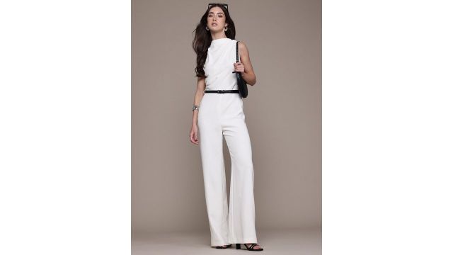 MANGO Draped Effect Round Neck Basic Jumpsuit with Belt
