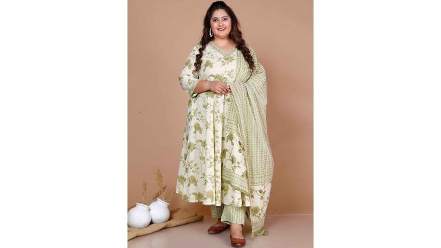 MIRAVAN Plus Size Floral Printed Pure Cotton Anarkali Kurta with Trousers & Dupatta
