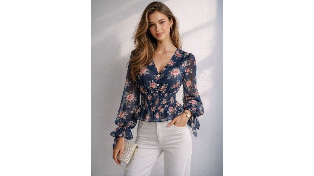 Mast & Harbour Floral Print Flared Sleeve Georgette Peplum Top