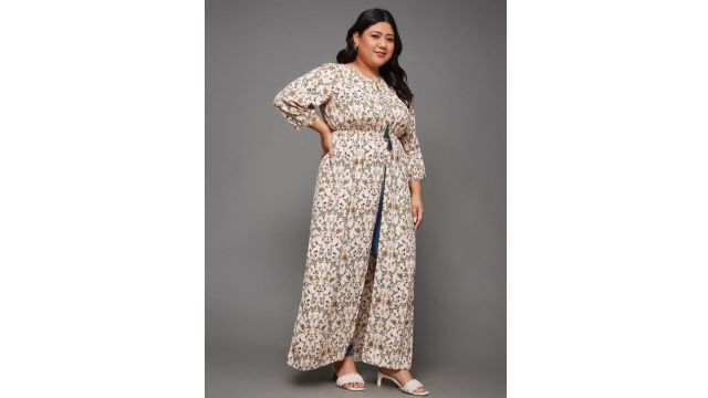 Miss Chase A+ Plus Size Floral Print Tie-Up Neck Opaque Crepe Maxi Top