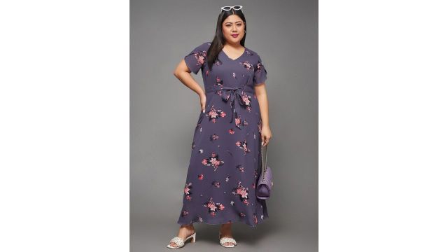 Miss Chase A+ Plus Size V Neck Floral Printed Georgette Maxi Dress With Front Tie-Up