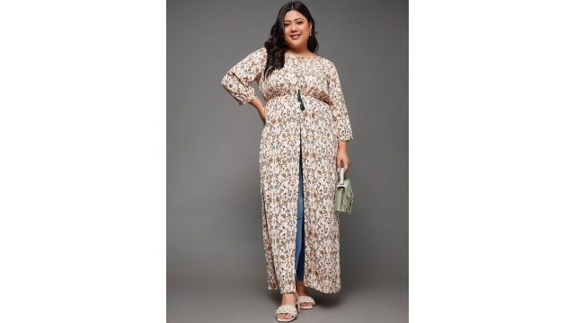 Miss Chase A+ Plus Size Women Round Neck 3/4 Sleeve Floral Detailing Maxi Top
