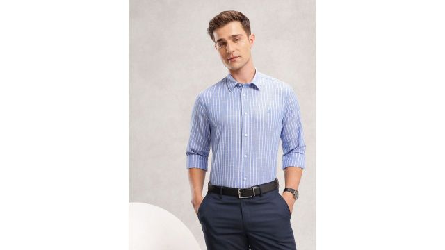 Nautica Men Premium Slim Fit Cotton Linen Blend Casual Shirt
