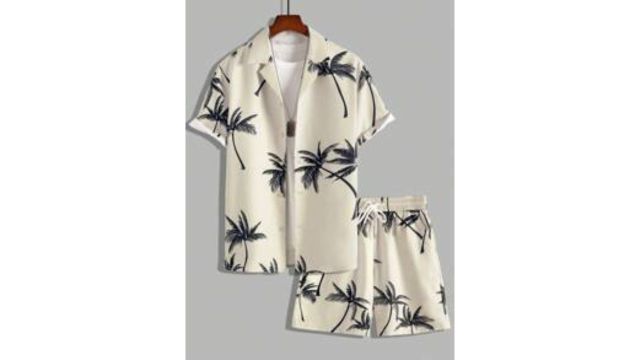 OTTIMOZO Men Random Palm Tree Print Shirt & Drawstring Waist Shorts