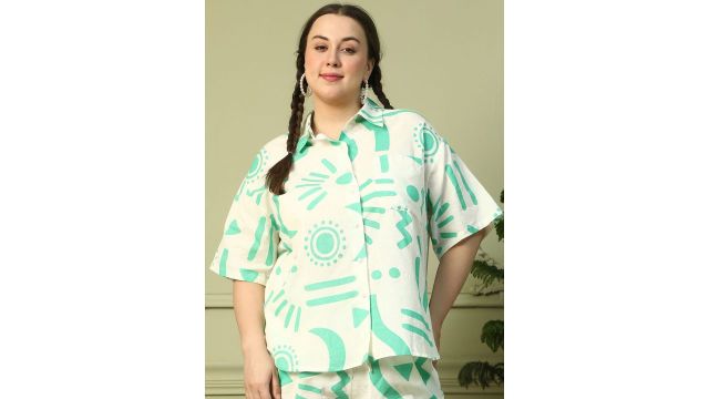 Oxolloxo Plus Size Printed Collared Button Down Short Sleeve Cotton Linen Shirt