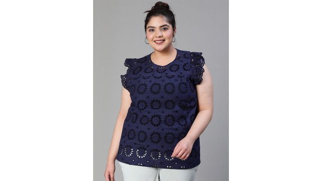 Oxolloxo Plus Size Self Design Sleeveless Schiffli Pure Cotton Top