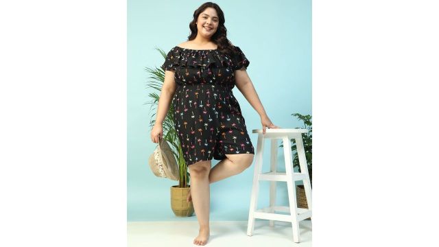Oxolloxo Plus Size Star Printed Elasticated Short Sleeve Off Shoulder Playsuit