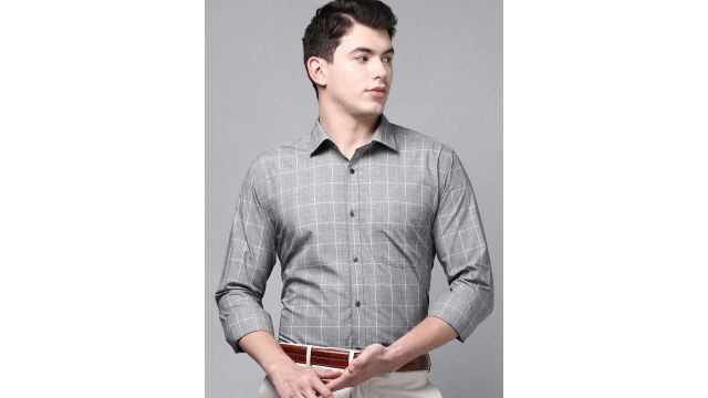 Park Avenue Men Grey Slim Fit Checked Pure Cotton Formal Shirt
