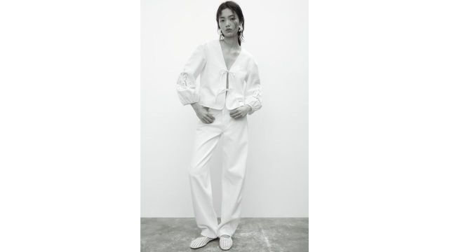 Tie-detail broderie anglaise jacket