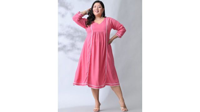 PrettyPlus by Desinoor.com Plus Size Pink V Neck Frilled Rayon Lace Dress