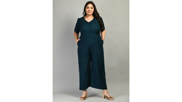PrettyPlus by Desinoor.com Women Plus Size Teal Green Solid Basic Jumpsuit