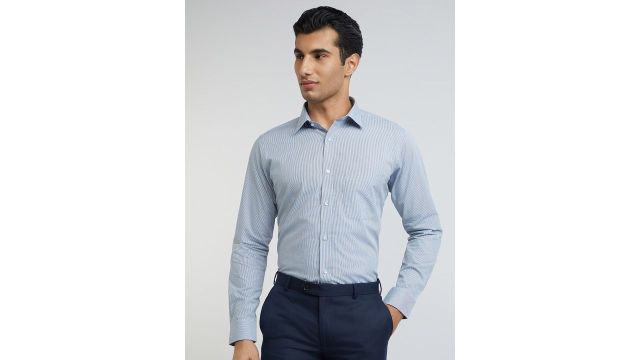 Raymond Men Blue And White Slim Fit Micro Checked Pure Cotton Formal Shirt