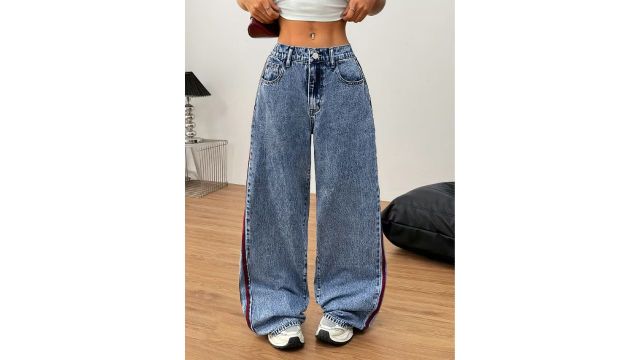 [Red Ribbon-Like Stripe Pants] Women's High-Waisted Wide-Leg Jeans