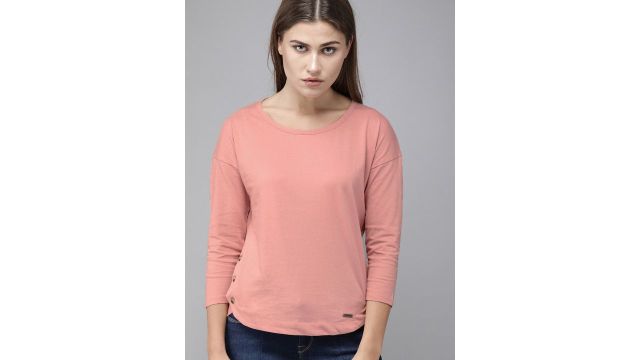 Roadster Women Pink Solid Pure Cotton Top
