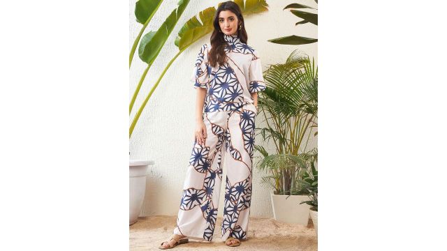 SASSAFRAS White Abstract Printed High Neck Top With Palazzos