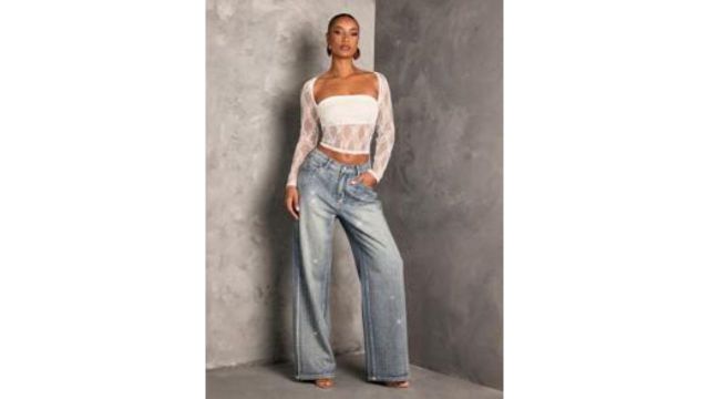 SHEIN BAE Women's Rhinestone Embellished Straight Leg Blue Jeans