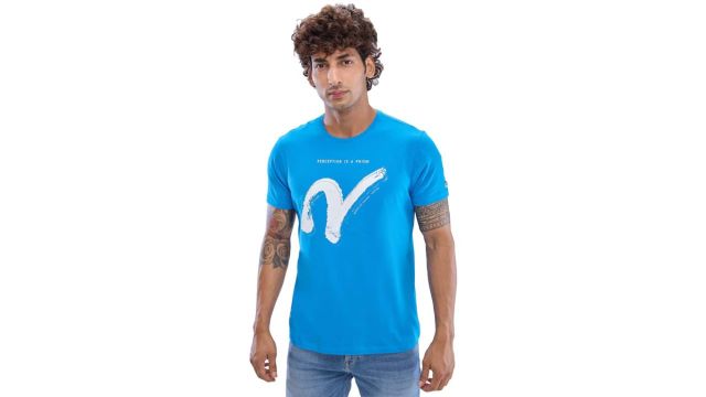 SPYKAR Light Blue Printed Casual Half Sleeves Round Neck Men Slim Fit T-Shirts
