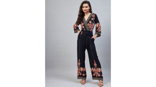 StyleStone Women Navy Blue & Red Floral Printed Basic Jumpsuit