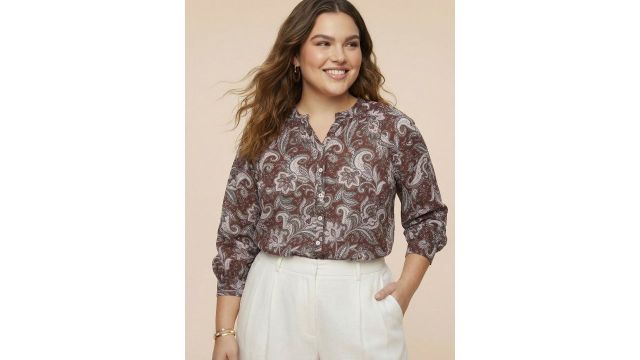 Sztori Plus Size Indie Floral Printed Mandarin Collar Shirt Style Top
