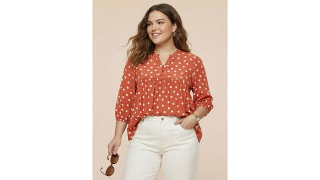 Sztori Plus Size Polka Dot Printed Mandarin Collar Empire Top