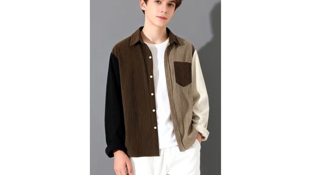 Teen Boys' Corduroy Contrast-color Patchwork Lapel Casual Fashion Versatile Long-sleeve Shirt