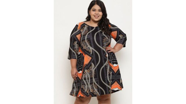 Amydus Plus Size Ethnic Motifs Printed Cotton A-Line Dress