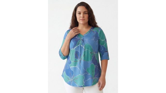 Amydus Plus Size Floral Printed V-Neck Longline Top