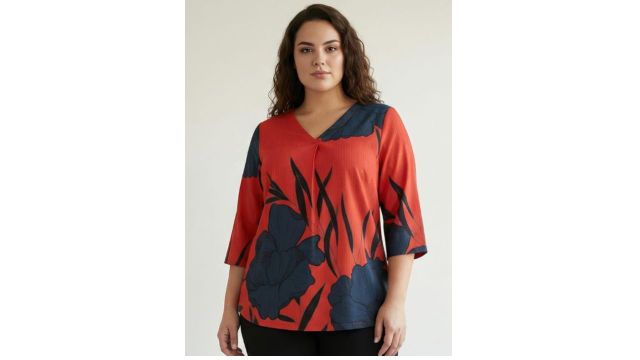 Amydus Plus Size Floral Printed V-Neck Top