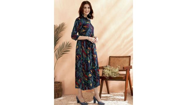 Anouk Navy Blue Abstract Printed A-Line Ethnic Dress