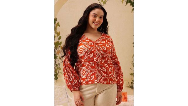 CURVY STREET Plus Size Ethnic Motifs Printed Puff Sleeves Pure Cotton Relaxed Fit Shirt