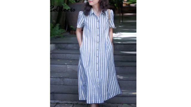Celderio Women Korean Stripe Button Up Shirt Dress
