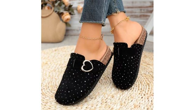 Classic Black Heeled Feature Rhinestone Embellishments Mules