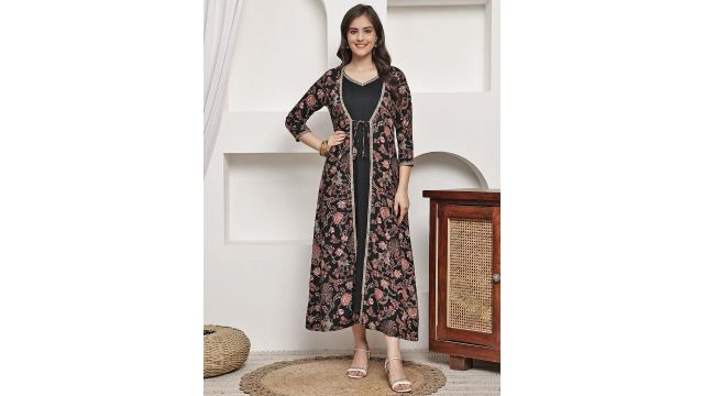 Claura Women A-Line V-Neck Sleeveless Maxi Ethnic Dress With Printed Jacket