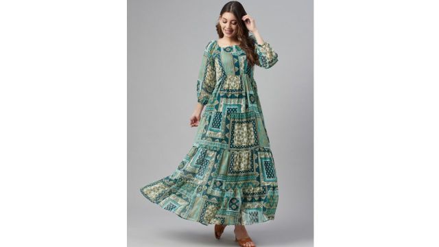  Cottinfab Women Green & Blue Ethnic Printed A-Line Maxi Dress