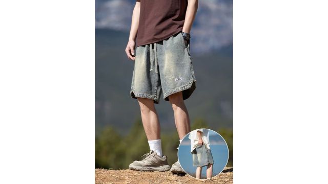 Distressed Washed Japanese-Style Embroidered Geometric Denim Shorts