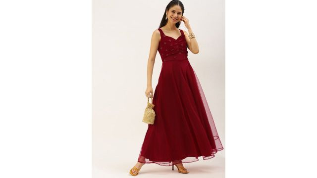 Ethnovog Maroon Sequined Detail Net Maxi Ethnic Dress 