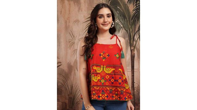 HERE&NOW Ethnic Motifs Printed Shoulder Strap Cotton Top