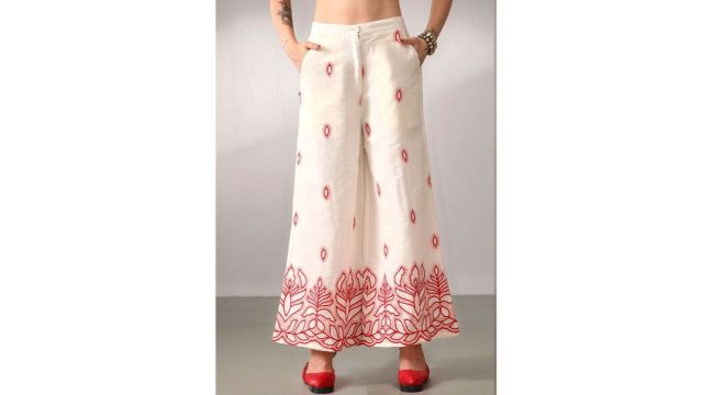 HERE&NOW Women White & Red Floral Flared Easy Wash Trousers