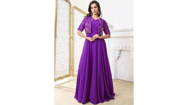 Inddus Women Embroidered Fit & Flared Ethnic Dress With Jacket