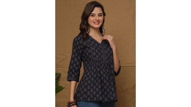 KEIYONA Women Ethnic Motifs Printed V-Neck A-Line Cotton Regular Top