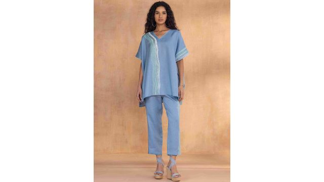 Kaveri Linen Printed V-Neck Top with Trousers Co-Ords