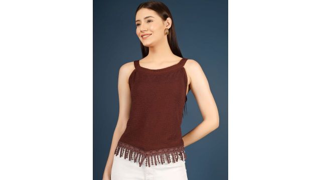 Kinjo Women Self Design Shoulder Straps Fringed Tank Crop Top