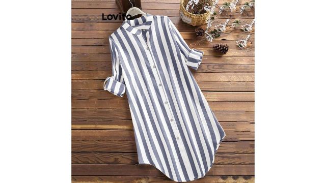 Lovito Women Casual Striped Pattern Dress